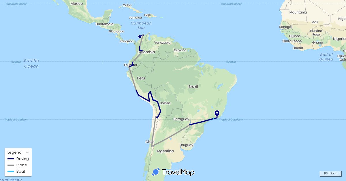 TravelMap itinerary: driving, plane, boat in Bolivia, Brazil, Chile, Colombia, Ecuador, Peru (South America)